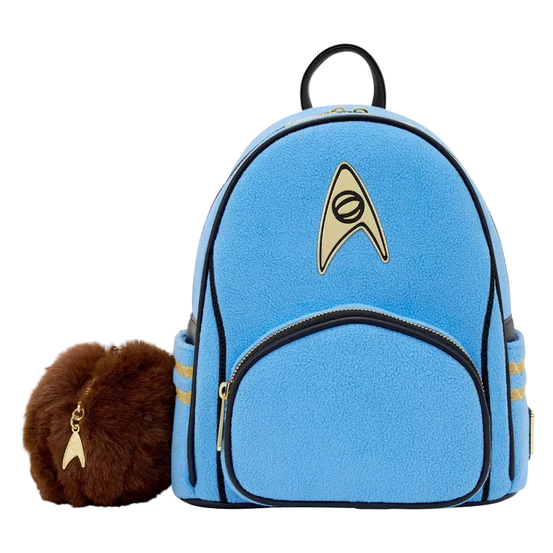 Blue backpack with Star Trek logo and brown furry ear accessory on a white background