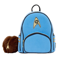 Blue backpack with Star Trek logo and brown furry ear accessory on a white background
