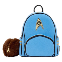 Blue backpack with Star Trek logo and brown furry ear accessory on a white background