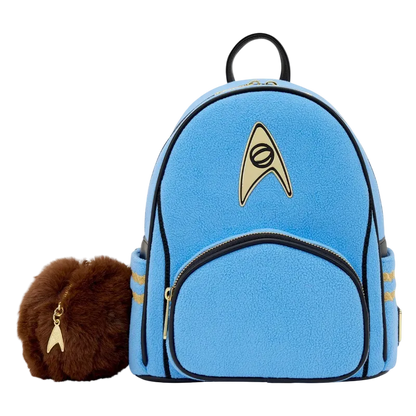 Blue backpack with Star Trek logo and brown furry ear accessory on a white background