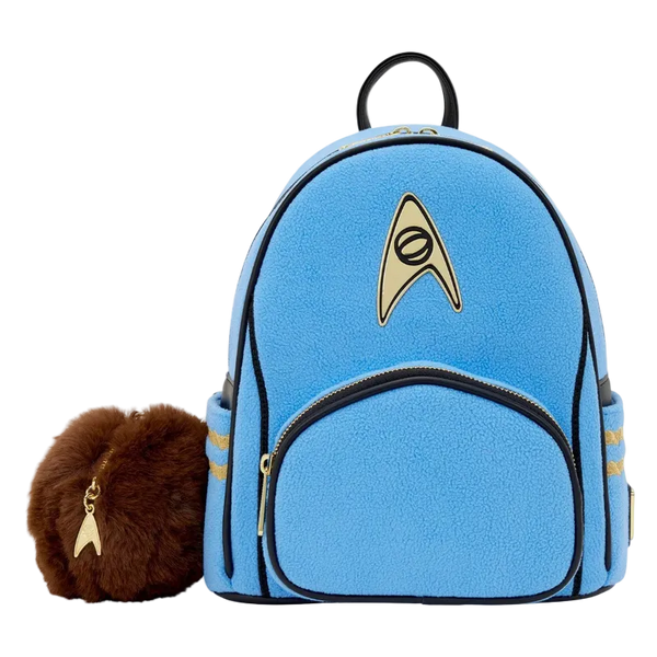 Blue backpack with Star Trek logo and brown furry ear accessory on a white background