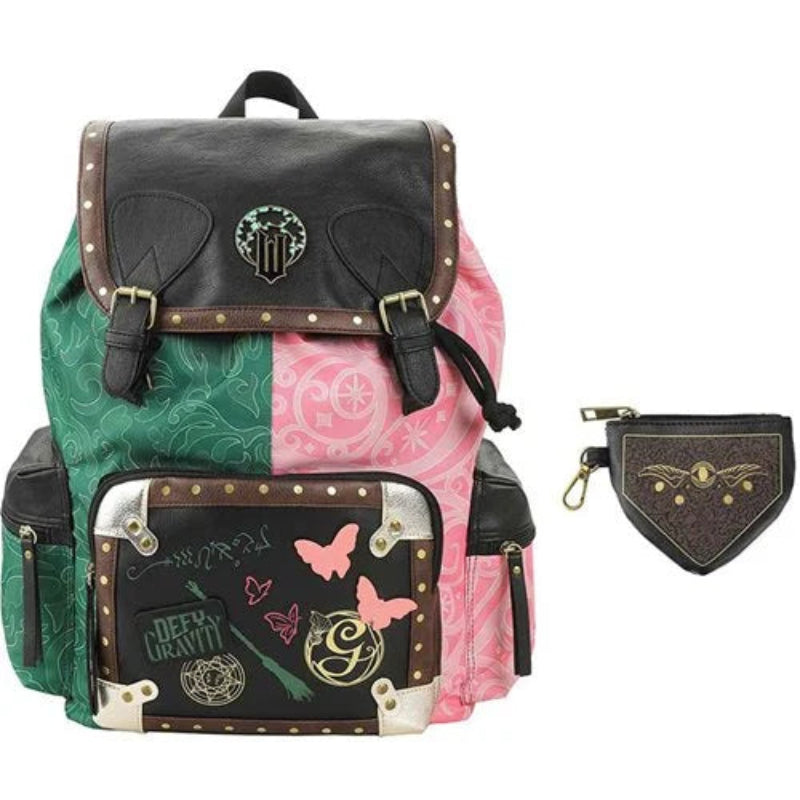 Backpack with pink and green sections and a small pouch on a white background