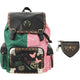 Backpack with pink and green sections and a small pouch on a white background