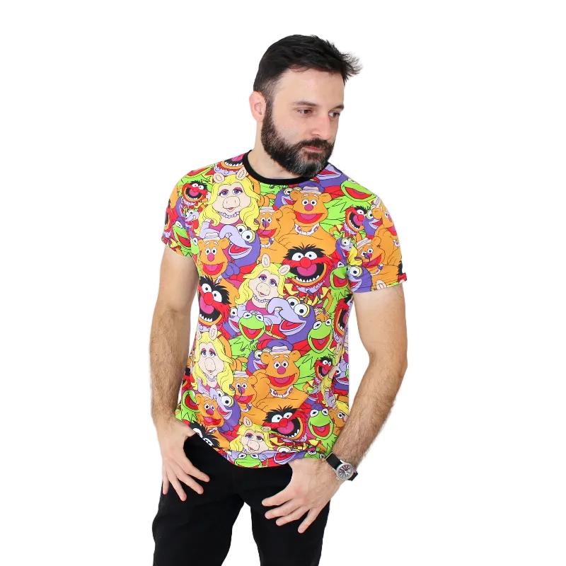 Man wearing a colorful t-shirt with cartoon character design on a white background