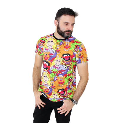 Man wearing a colorful t-shirt with cartoon character design on a white background