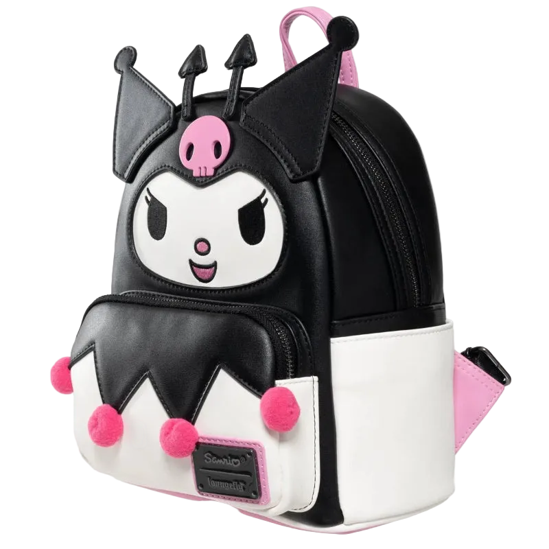 Black, white, and pink backpack with cartoon character design on a white background