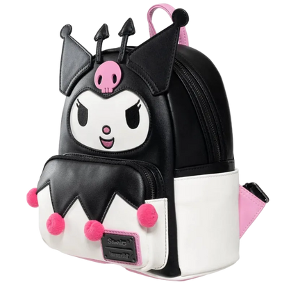 Black, white, and pink backpack with cartoon character design on a white background