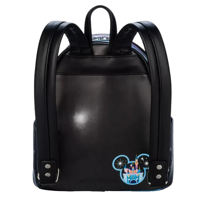 Black backpack with a colorful design on the back on a white background