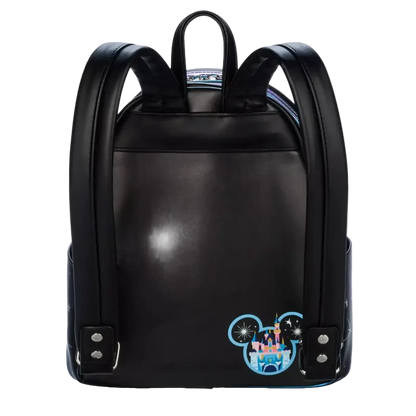 Black backpack with a colorful design on the back on a white background