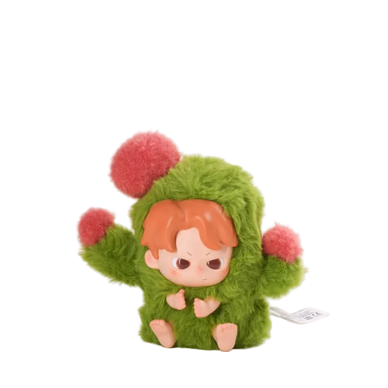 Plush toy with a green outfit and red pom-poms on a white background