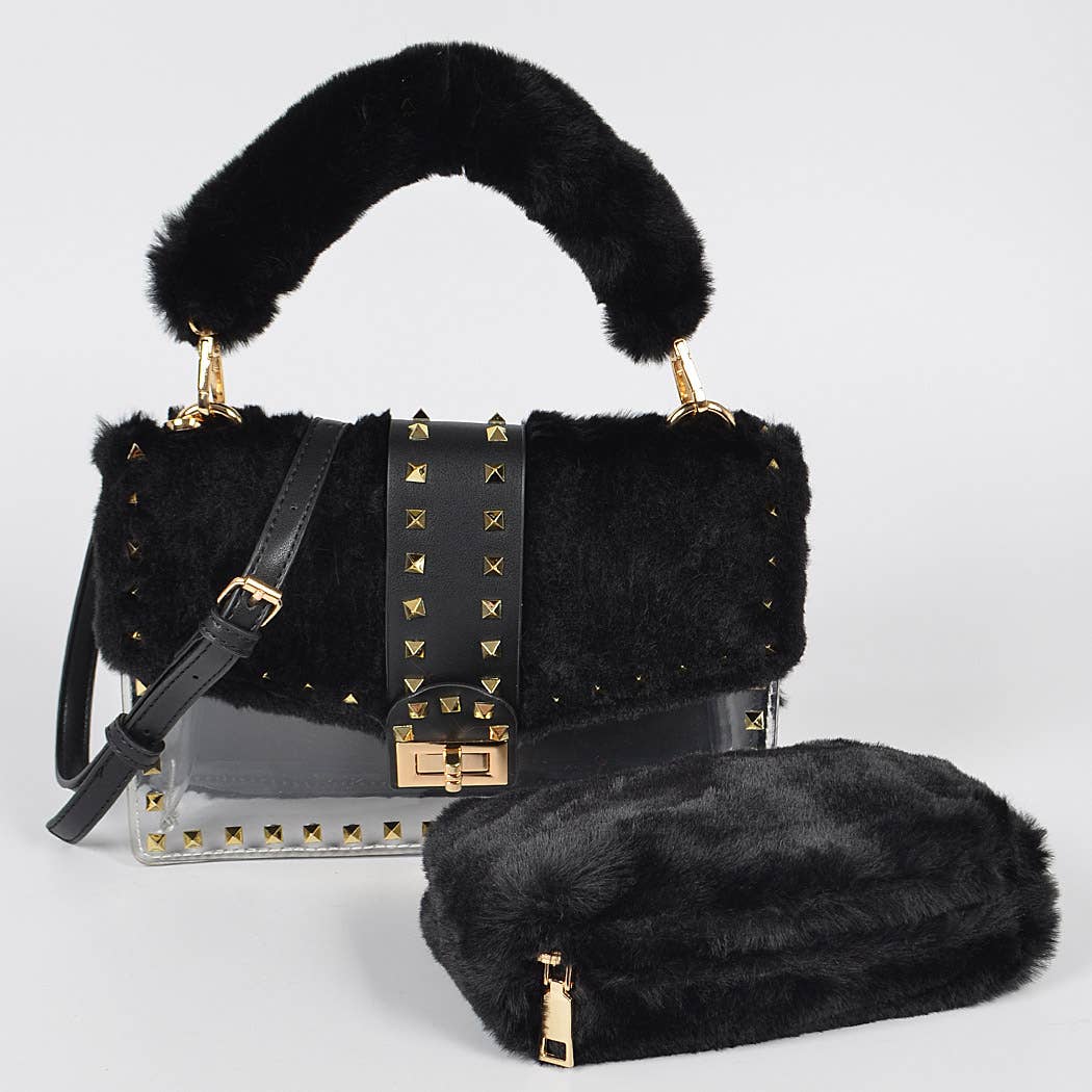 HPC3207 FAUX FUR CLEAR CLUTCH W/ DETACHABLE PURSE: Mustard