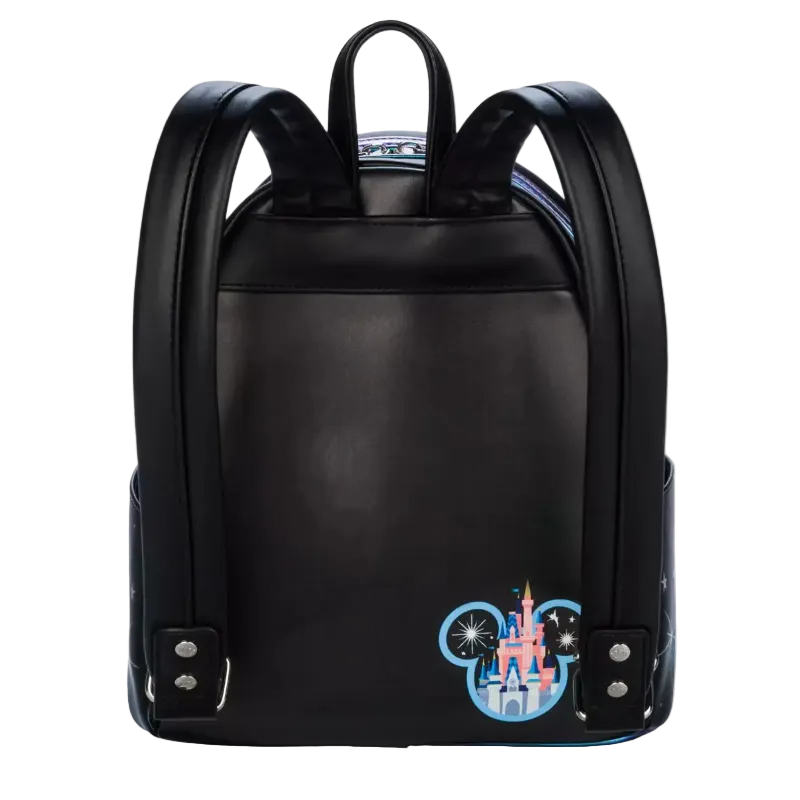 Black backpack with a castle design on a white background