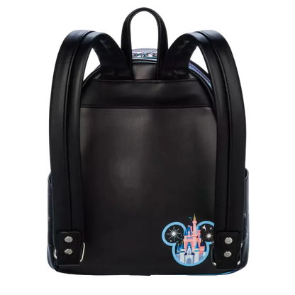 Black backpack with a castle design on a white background