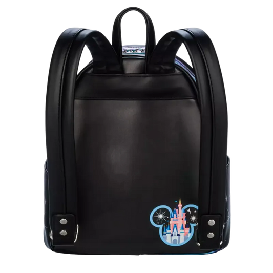 Black backpack with a castle design on a white background