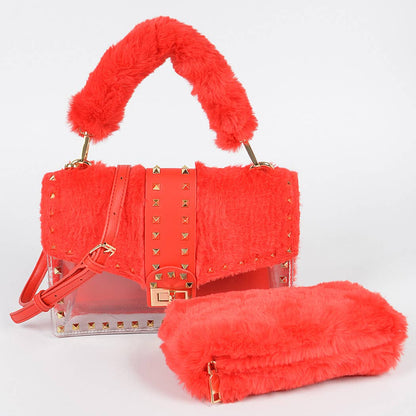 HPC3207 FAUX FUR CLEAR CLUTCH W/ DETACHABLE PURSE: Mustard