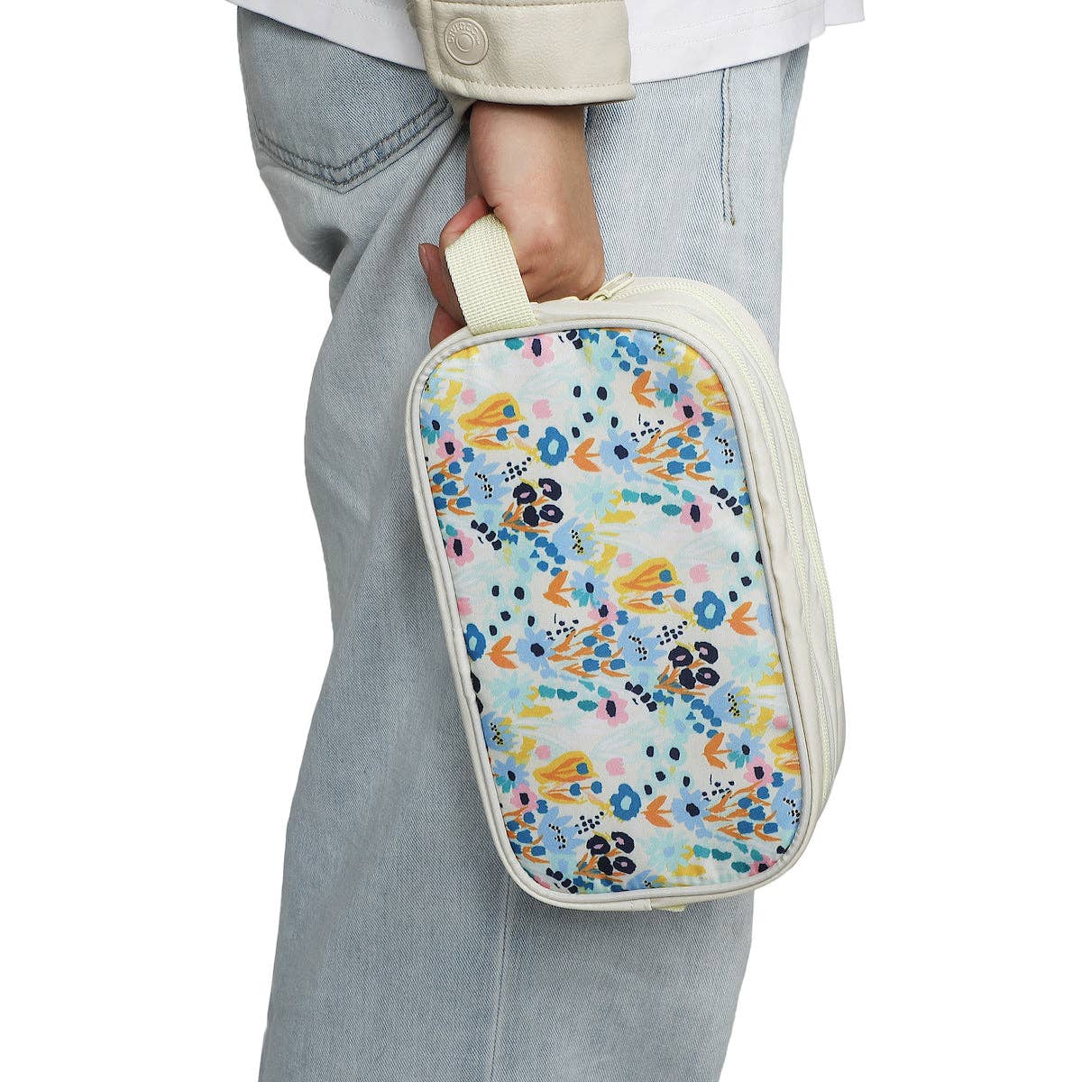 Floral Print Dual Compartment Cream Toiletry Cosmetic Kit
