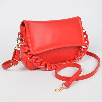 Faux Leather Chain Flap Bag: Red