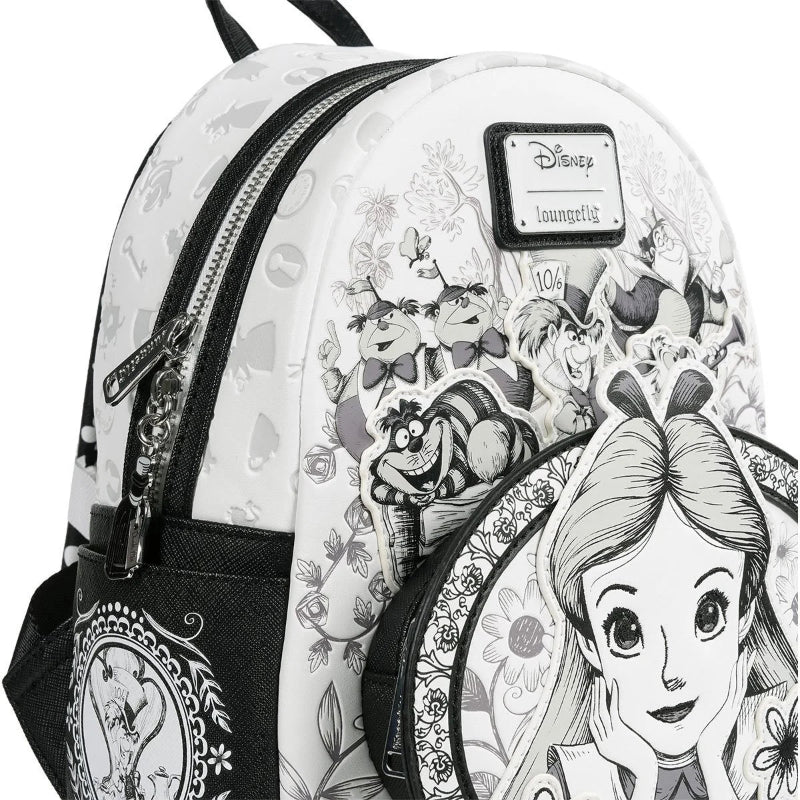 Backpack with black and white illustrations of characters from a famous animated movie, featuring a Disney logo.