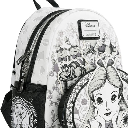 Backpack with black and white illustrations of characters from a famous animated movie, featuring a Disney logo.