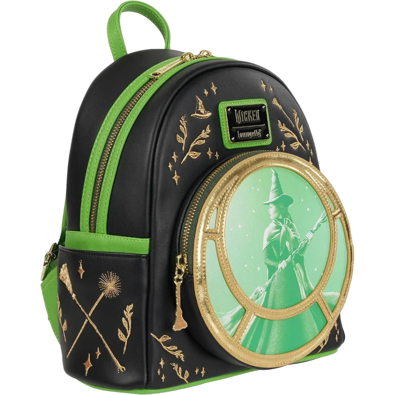 Backpack with green and black design featuring a clock and emblem on a white background