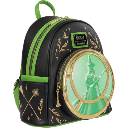 Backpack with green and black design featuring a clock and emblem on a white background