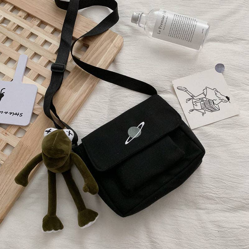 Planet Embroidery Large Capacity Crossbody Shoulder Bag: White with Frog