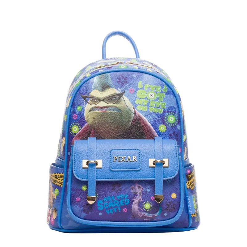 Blue backpack with Pixar character design on a white background