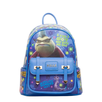 Blue backpack with Pixar character design on a white background
