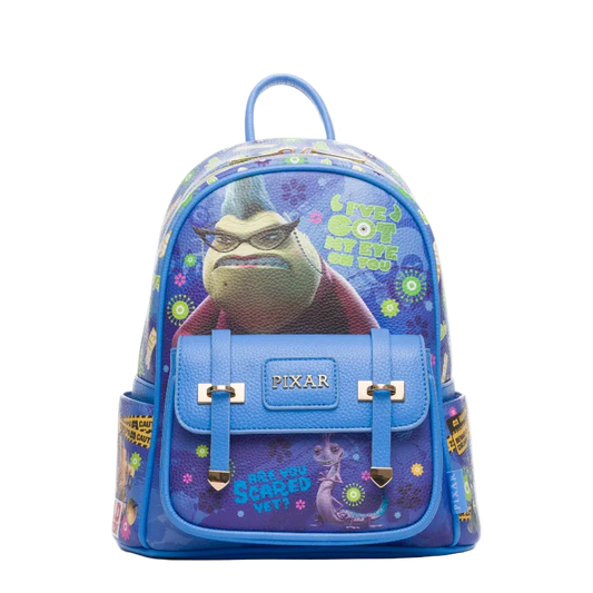Blue backpack with Pixar character design on a white background