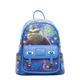 Blue backpack with Pixar character design on a white background