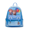 Blue backpack with Pixar characters and balloons on a white background