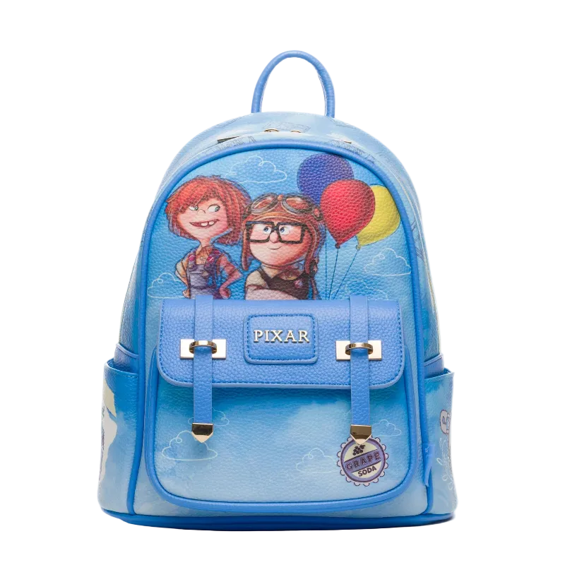 Blue backpack with Pixar characters and balloons on a white background