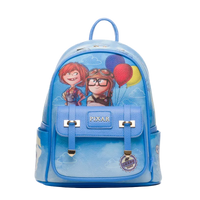 Blue backpack with Pixar characters and balloons on a white background
