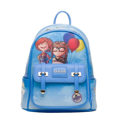 Blue backpack with Pixar characters and balloons on a white background