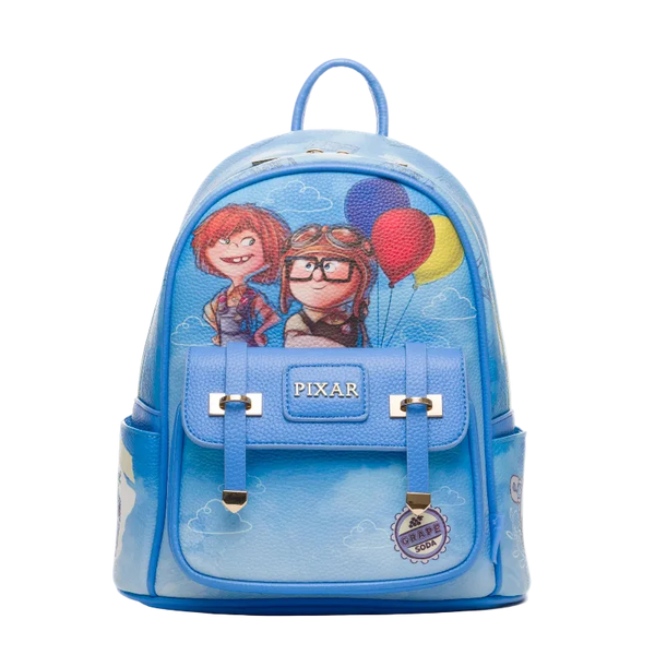 Blue backpack with Pixar characters and balloons on a white background