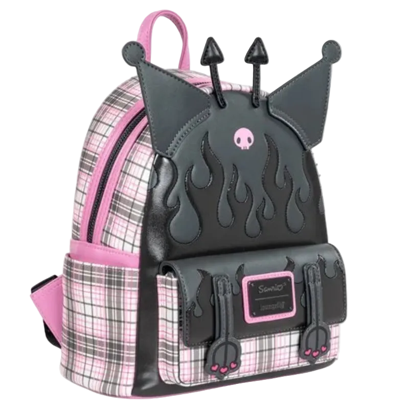 Backpack with black flame design and pink accents on a white background