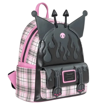 Backpack with black flame design and pink accents on a white background
