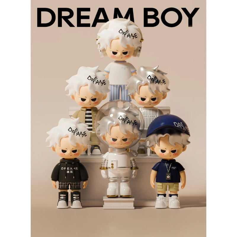 Collection of 'Dream Boy' figurines with various outfits on a beige background