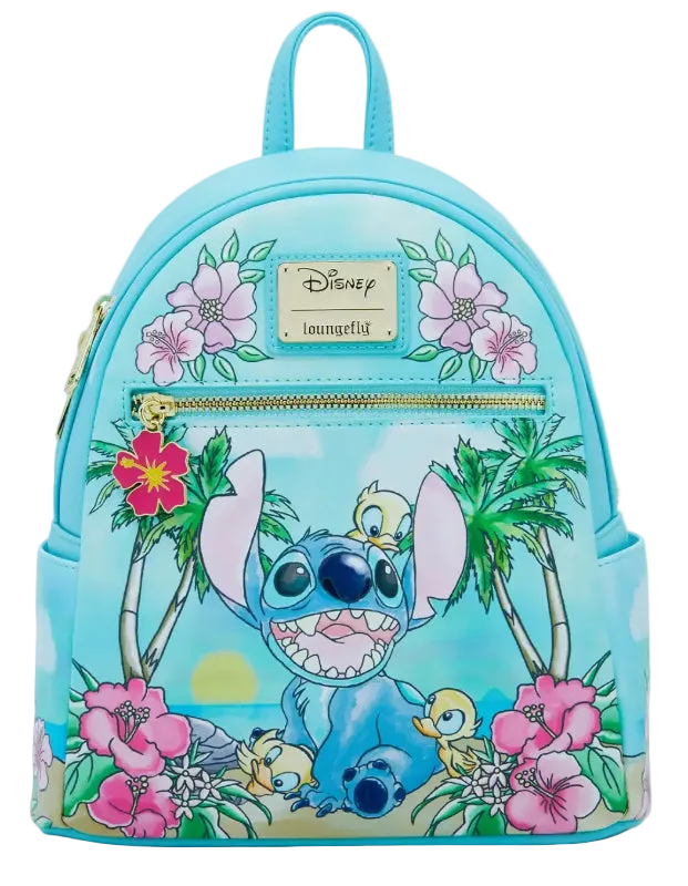 Backpack with cartoon character design featuring flowers and palm trees on a light blue background.