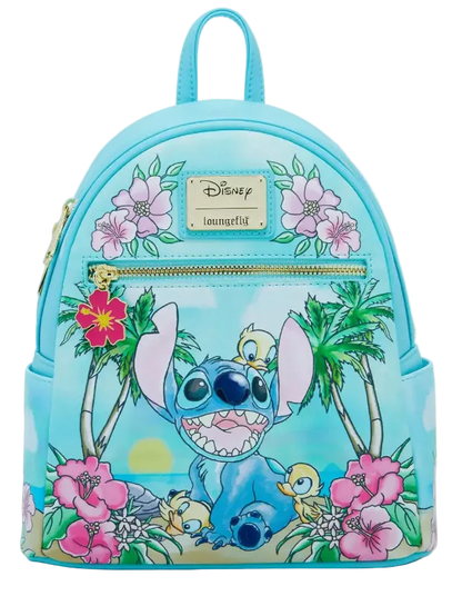 Backpack with cartoon character design featuring flowers and palm trees on a light blue background.