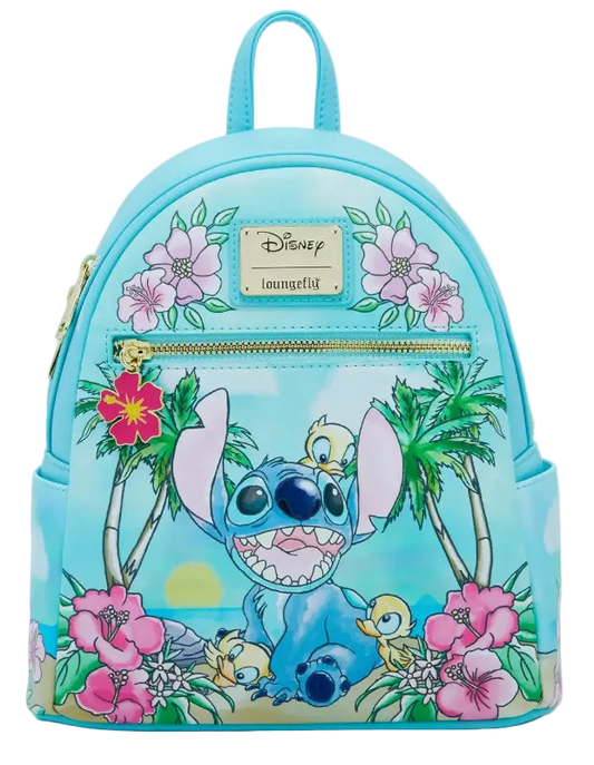 Backpack with cartoon character design featuring flowers and palm trees on a light blue background.