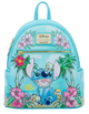 Backpack with cartoon character design featuring flowers and palm trees on a light blue background.