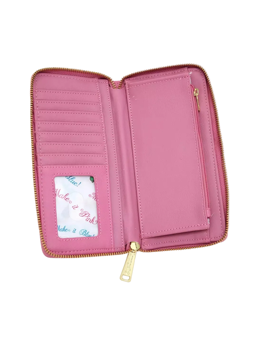 An open pink zip-around wallet with gold-tone zippers and a gold-tone pull tab, shown against a plain white background. The interior features multiple card slots, a vertical slip pocket, and an ID window with a branded insert.