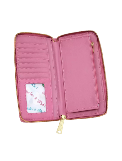 An open pink zip-around wallet with gold-tone zippers and a gold-tone pull tab, shown against a plain white background. The interior features multiple card slots, a vertical slip pocket, and an ID window with a branded insert.