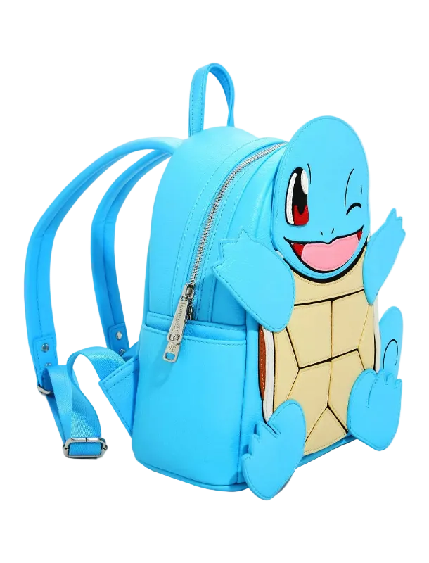 A light blue faux-leather backpack featuring a 3D Squirtle character design on the front, complete with silver zippers and adjustable shoulder straps, shown against a plain white background.
