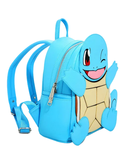 A light blue faux-leather backpack featuring a 3D Squirtle character design on the front, complete with silver zippers and adjustable shoulder straps, shown against a plain white background.