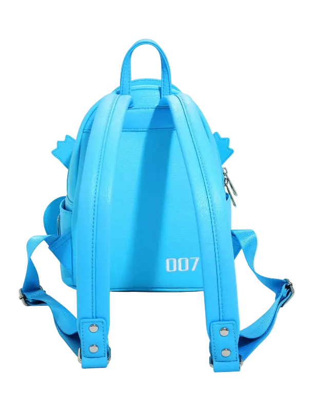 A bright blue faux leather backpack shown from the back, featuring shoulder straps with silver rivets, a top carry handle, side cutouts, and the white printed text '007' on the lower back.