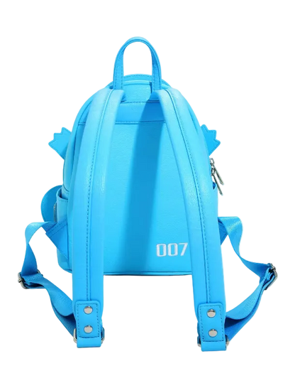 A bright blue faux leather backpack shown from the back, featuring shoulder straps with silver rivets, a top carry handle, side cutouts, and the white printed text '007' on the lower back.