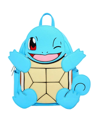 A Squirtle character backpack in light blue and beige, featuring a winking face, raised front paws, and a tail on the back, shown against a plain white background.