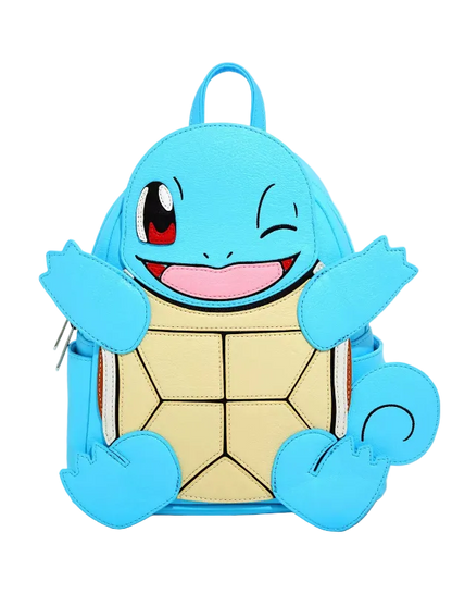 A Squirtle character backpack in light blue and beige, featuring a winking face, raised front paws, and a tail on the back, shown against a plain white background.